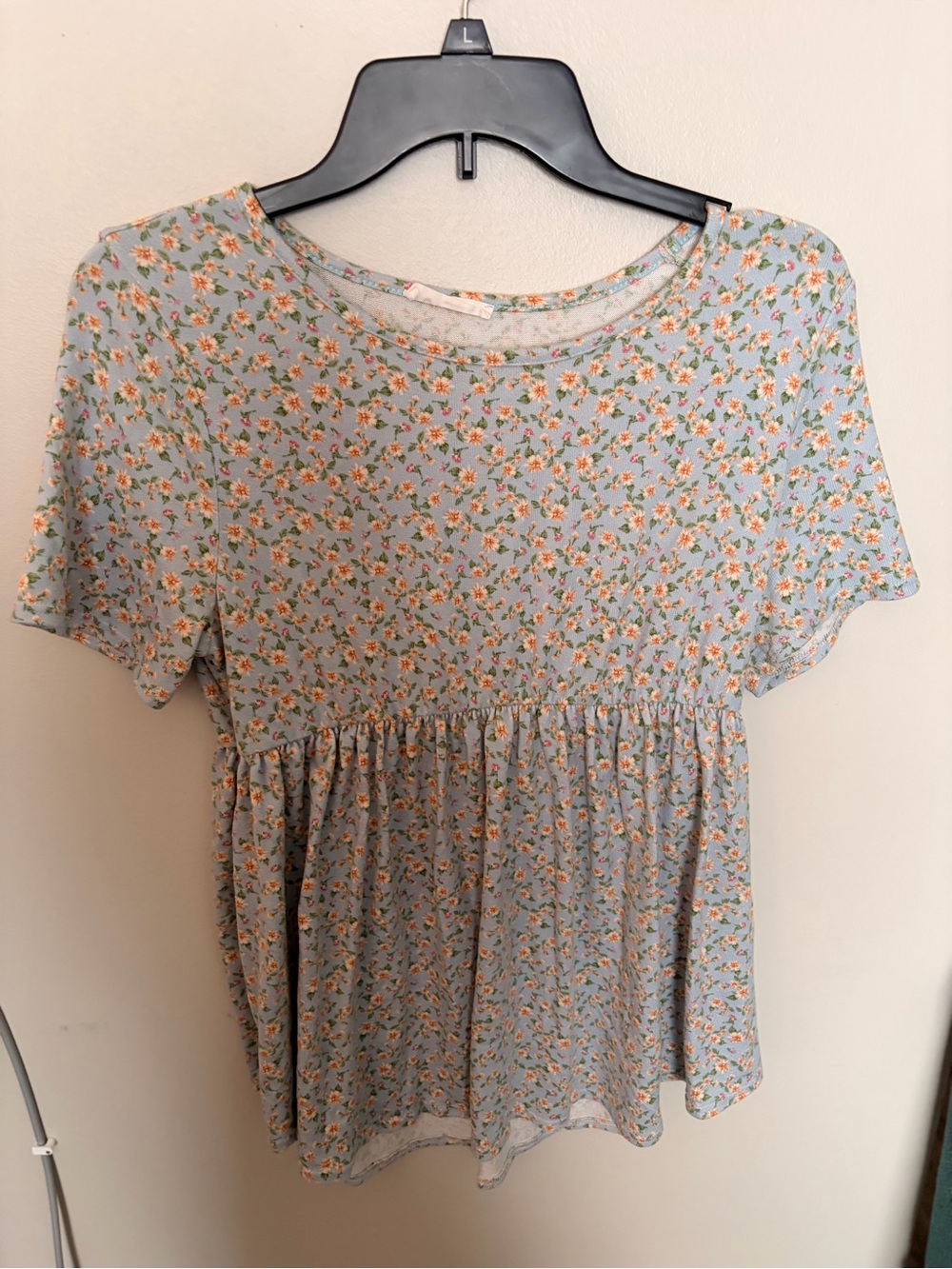 Light Blue Floral Peplum Short Sleeve Top - Unbranded